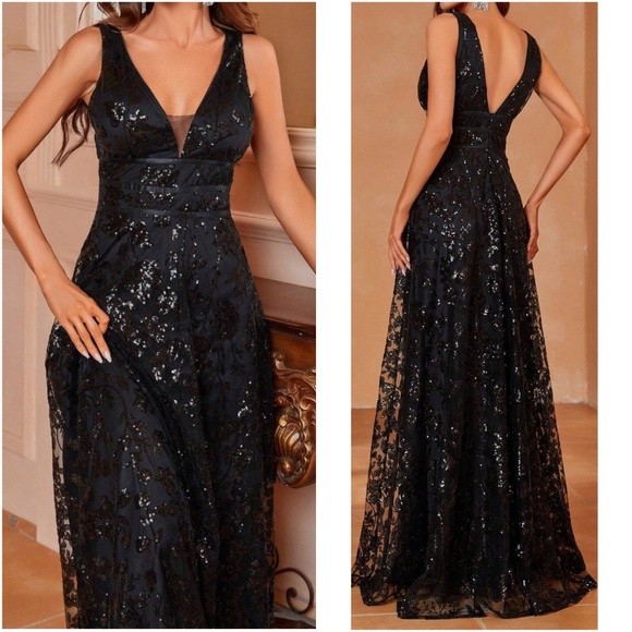 Plus Champagne Floral Sequin Mesh Formal Black Tie Wedding Dress - Picture 9 of 14
